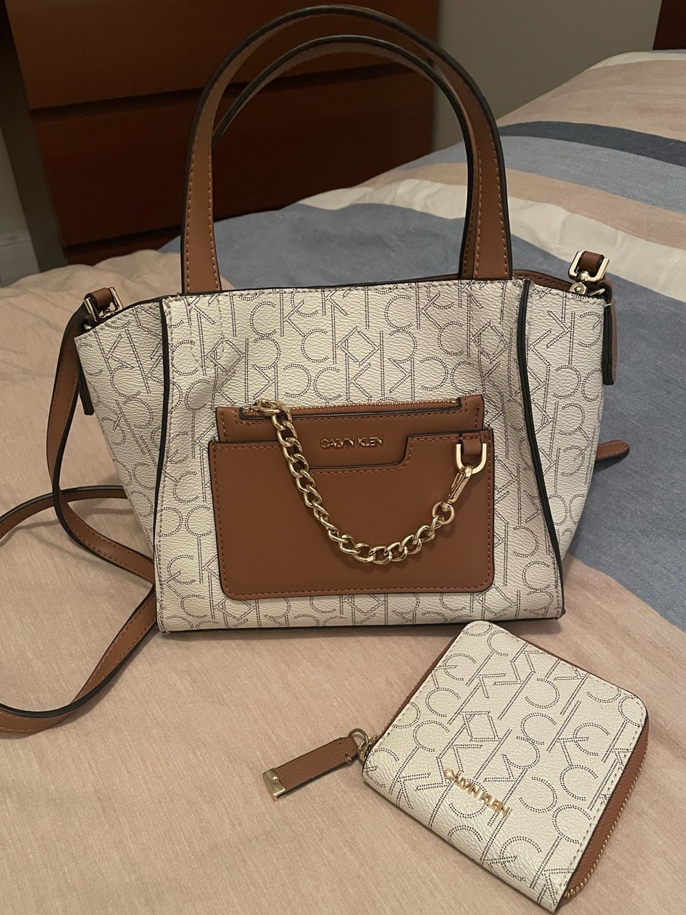 Calvin Klein Cream & Brown Monogram Satchel with Wallet